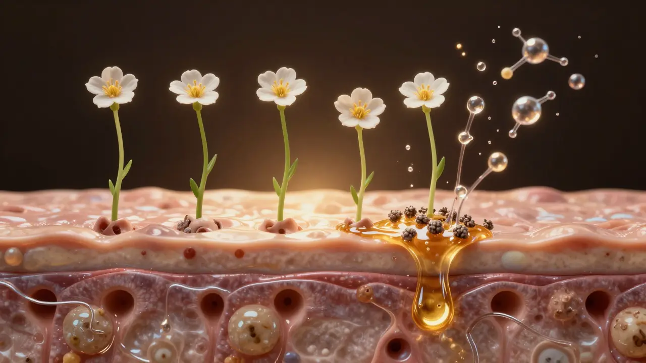 Vizualizace obnovy pokožky: zablokované pory se otevírají jako květy pod vlivem kyseliny salicylové