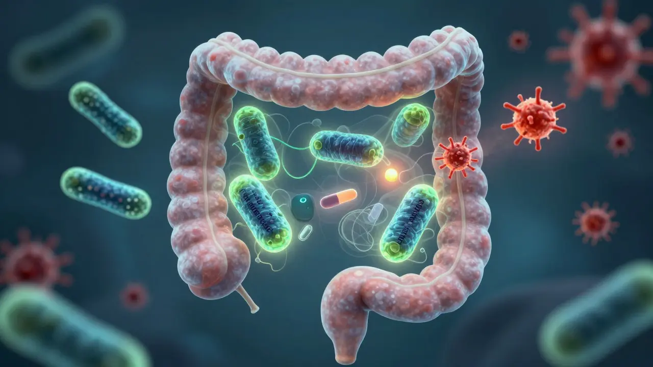 Vnitřní pohled na střevo s užitečnými bakteriemi obnovujícími rovnováhu po antibiotikách.