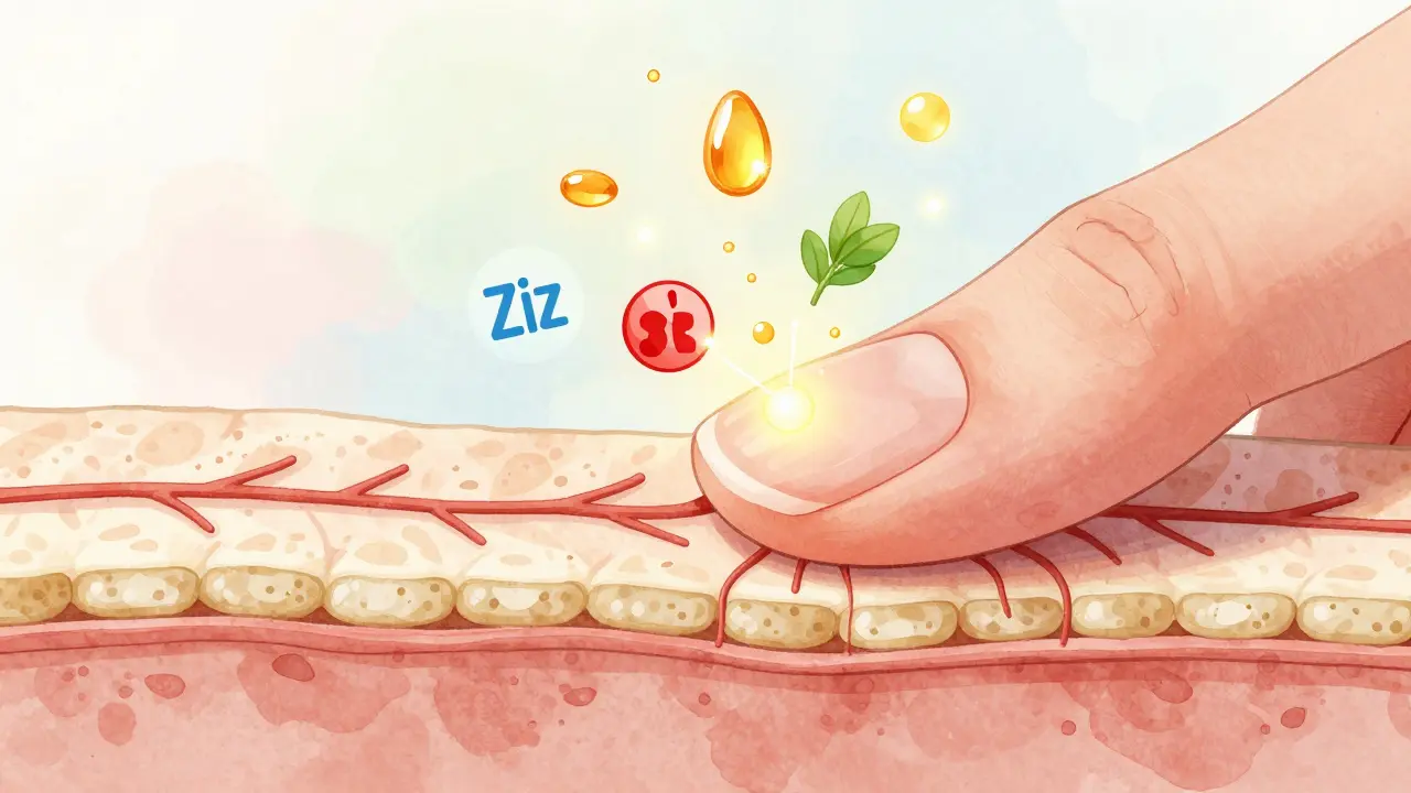 Vnitřní struktura nehtu živená živinami jako biotin, zinek a železo.