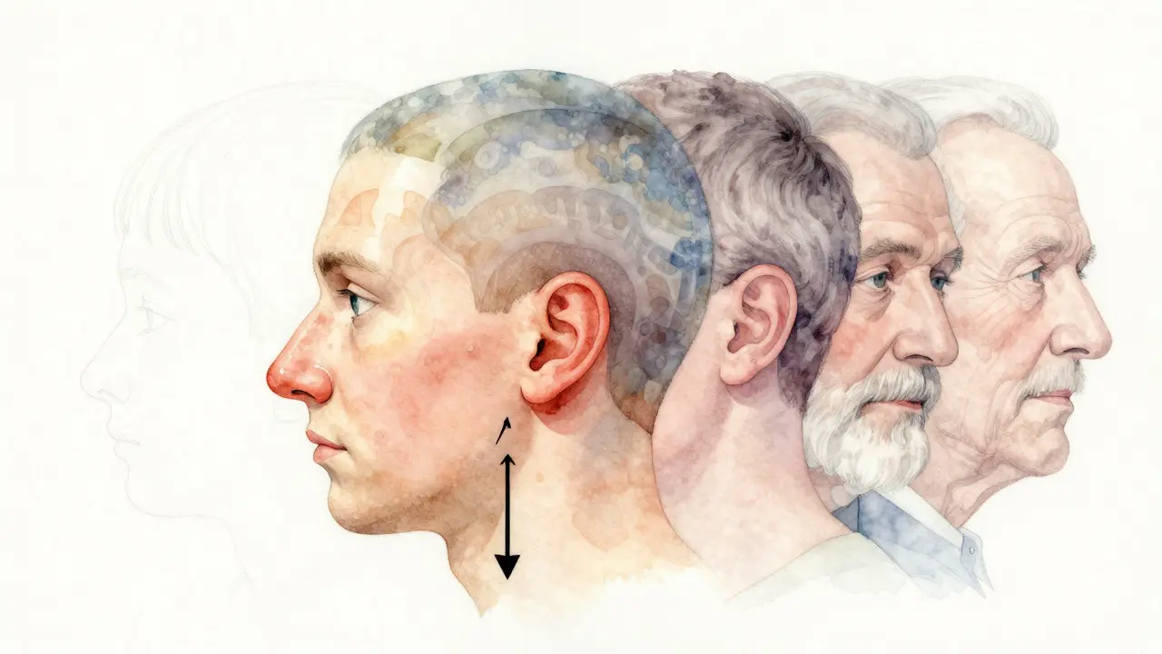 Vodová barva ilustrace ukazující růst chrupavky v uších a nosu během života s grafickým znázorněním gravitace.