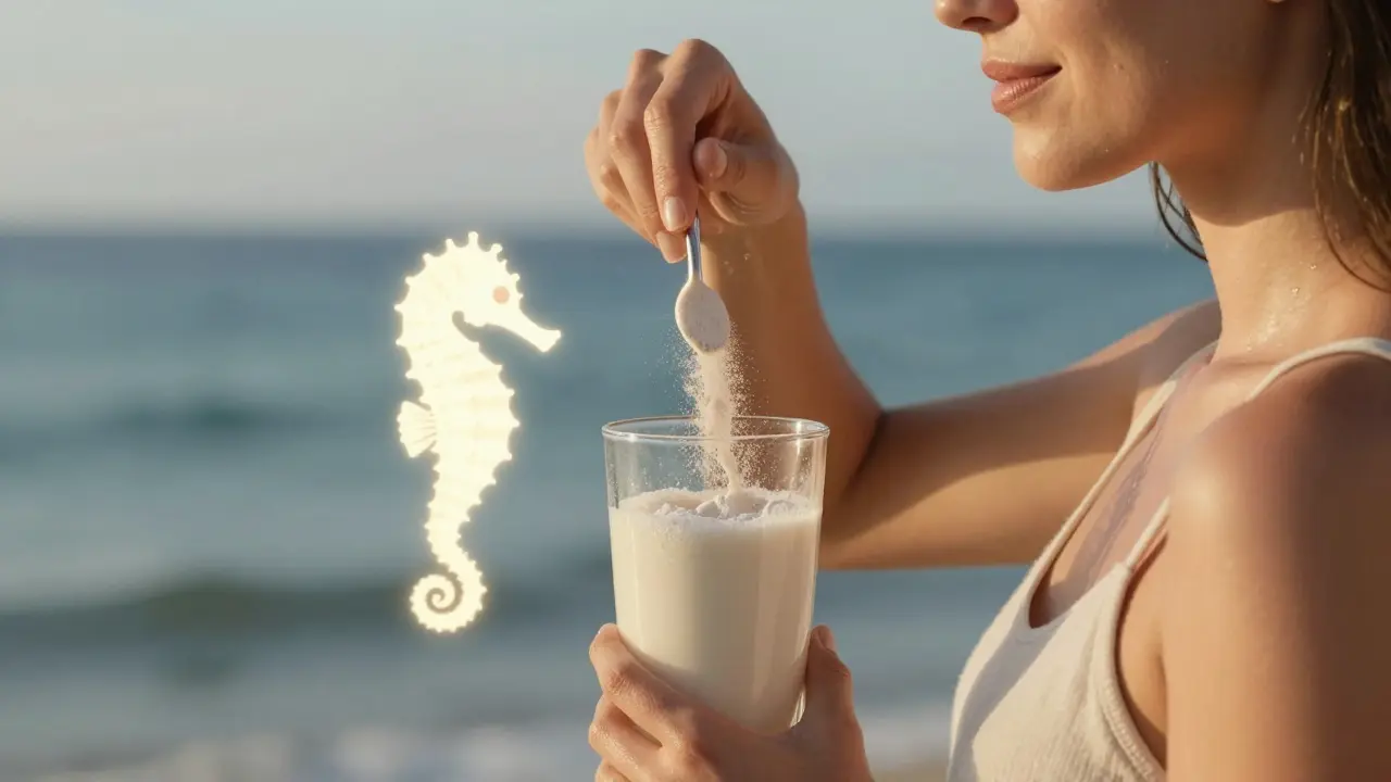 Žena připravuje kolagenový smoothie, z něj vystupuje silueta mořského koníka.