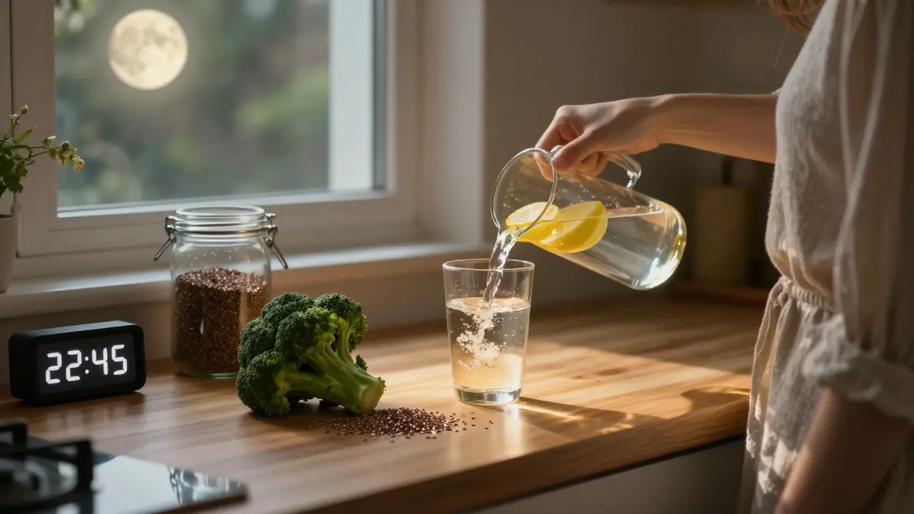 Žena v noční kuchyni pije vodu s citronem, vedle ní brokolice a semínka, měsíční světlo.