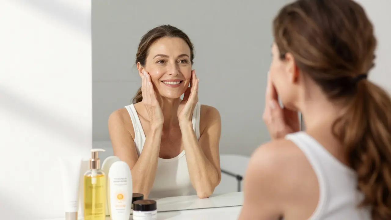 Žena v padesáti letech se dívá do zrcadla, její odraz ukazuje zářivou pokožku.