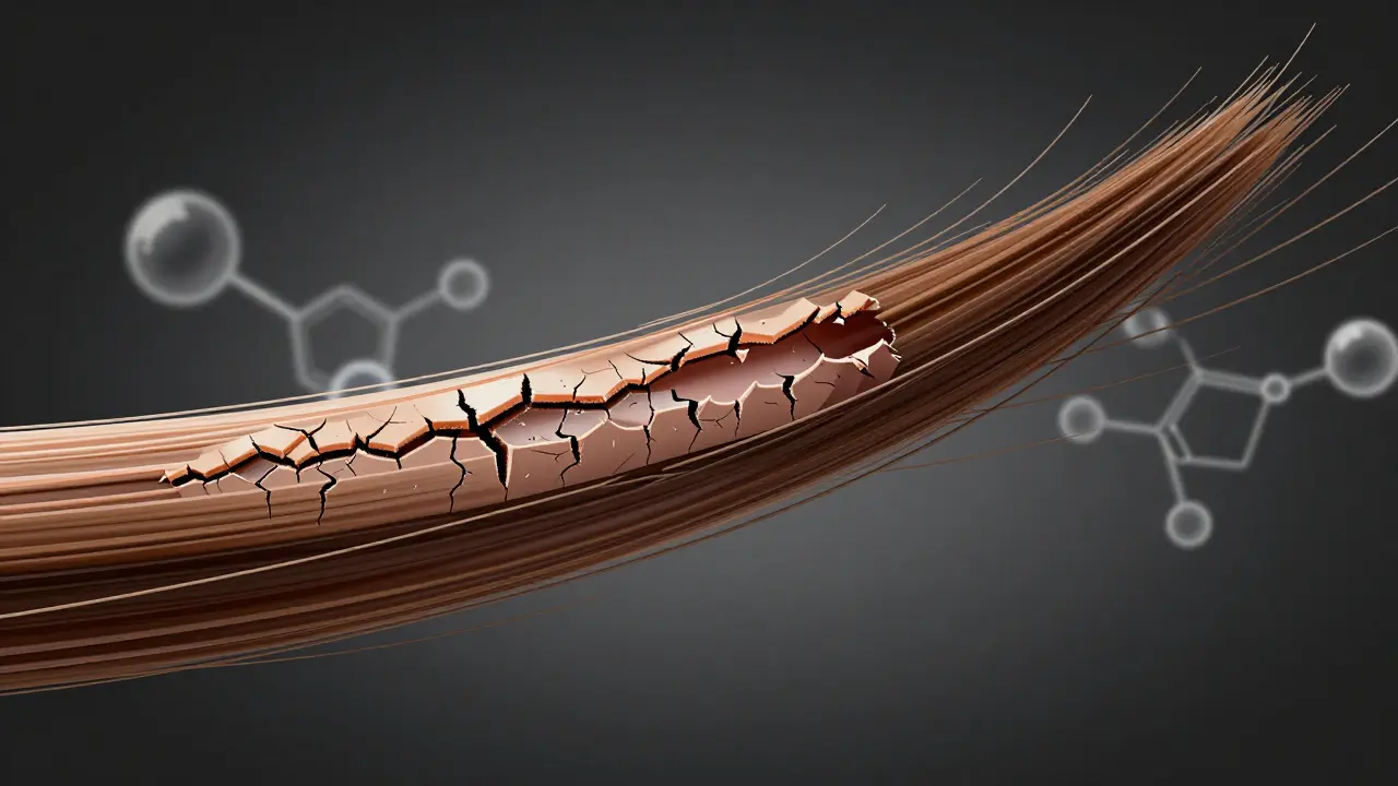 Zvětšený vlas s poškozenou kůrou a chemickými látkami, které ho ničí.