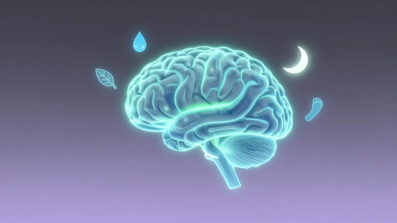 Abstraktní mozek s prvky vody, listu, spánku a pohybu, vyjadřující obnovu nervové soustavy.