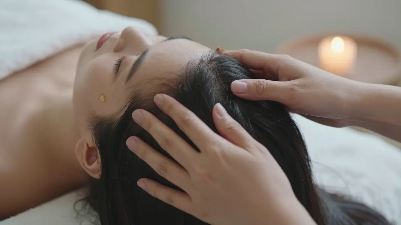 Blízký záběr masírování kůže hlavy mandlovým olejem.