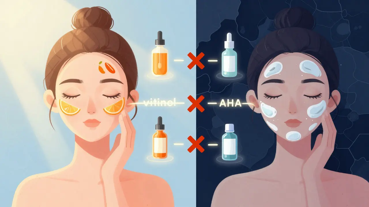 Denní a noční péče o pleť: správné kombinace sér vpravo a špatné vlevo.