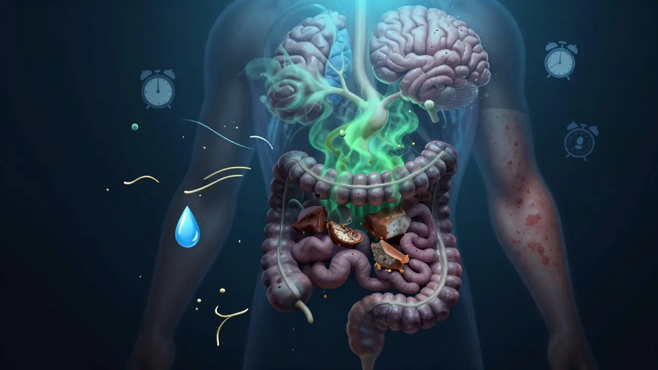 Diagramatic zobrazení trávicího traktu s hnitoucími zbytky a toxiny vytékajícími do krve a kůže.