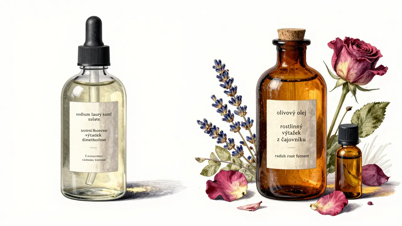 Dvě kozmetické lahve: jedna s chemickými látkami, druhá s přírodními ingrediencemi a bylinami.