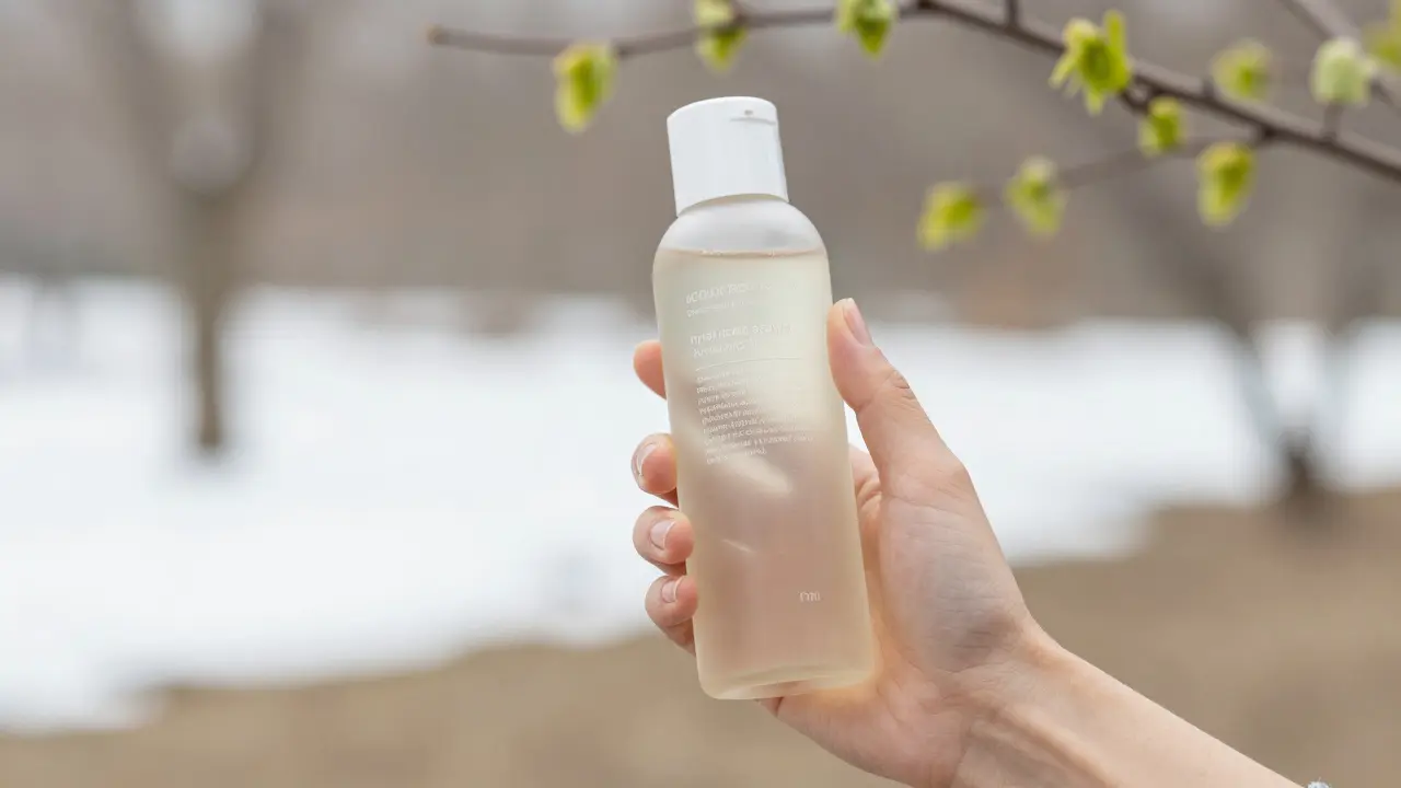 Falešný obal toniku s výraznými složkami a sezónním pozadím.