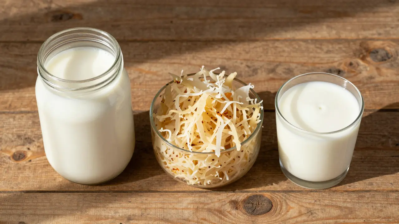 Fermentované potraviny kefir, kvašené zelí, jogurt a kvass na stole