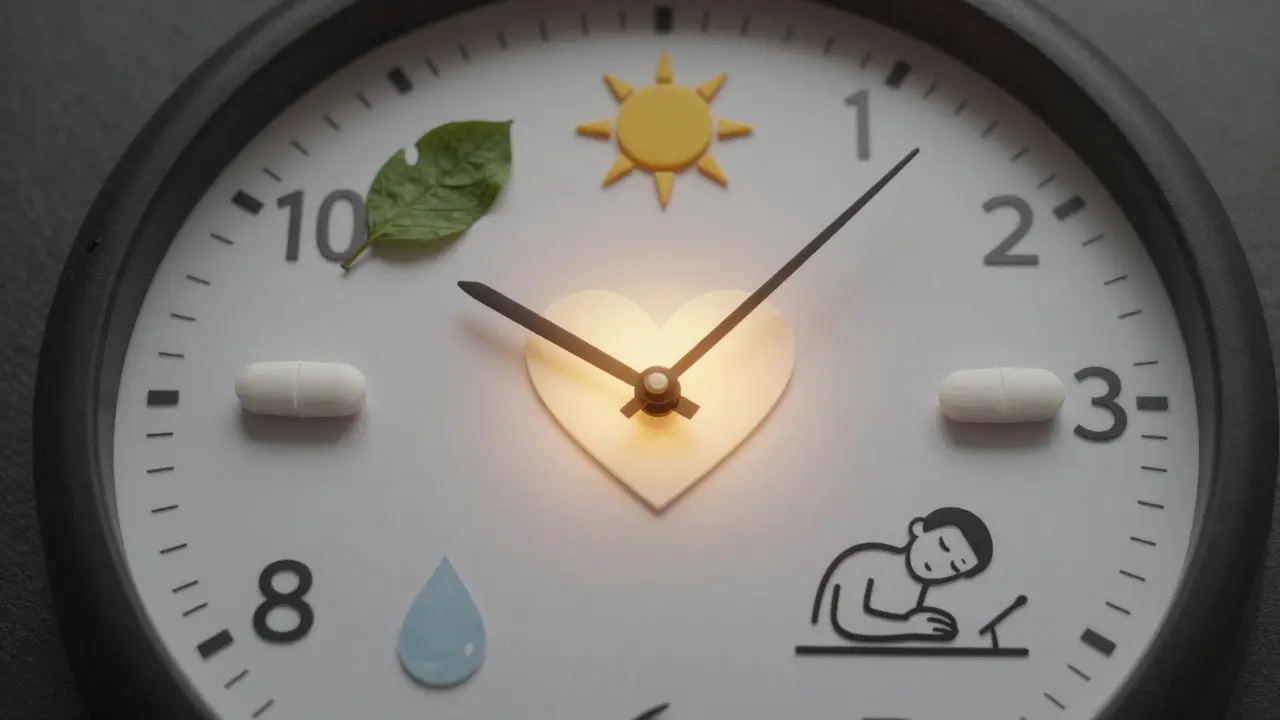 Hodiny s symboly pro zdravý životní styl a obnovu energie.