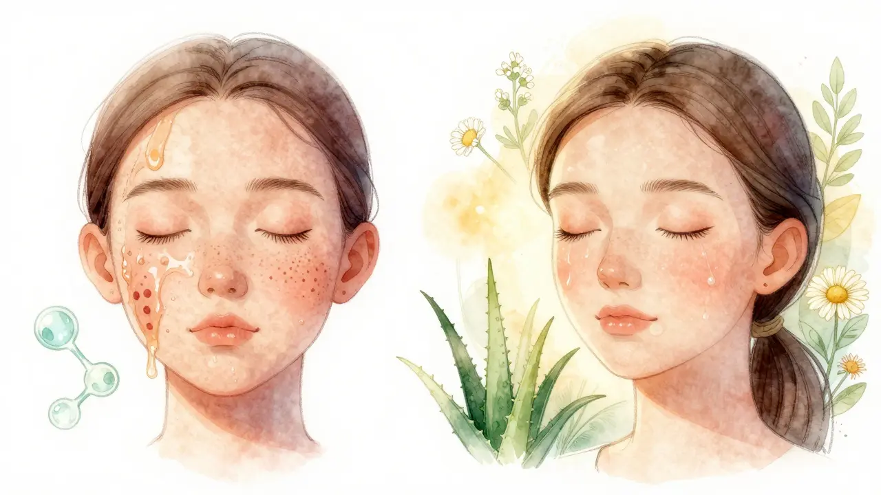 Ilustrace přechodu z nečisté pokožky k vyvážené kůži s přírodními látkami.