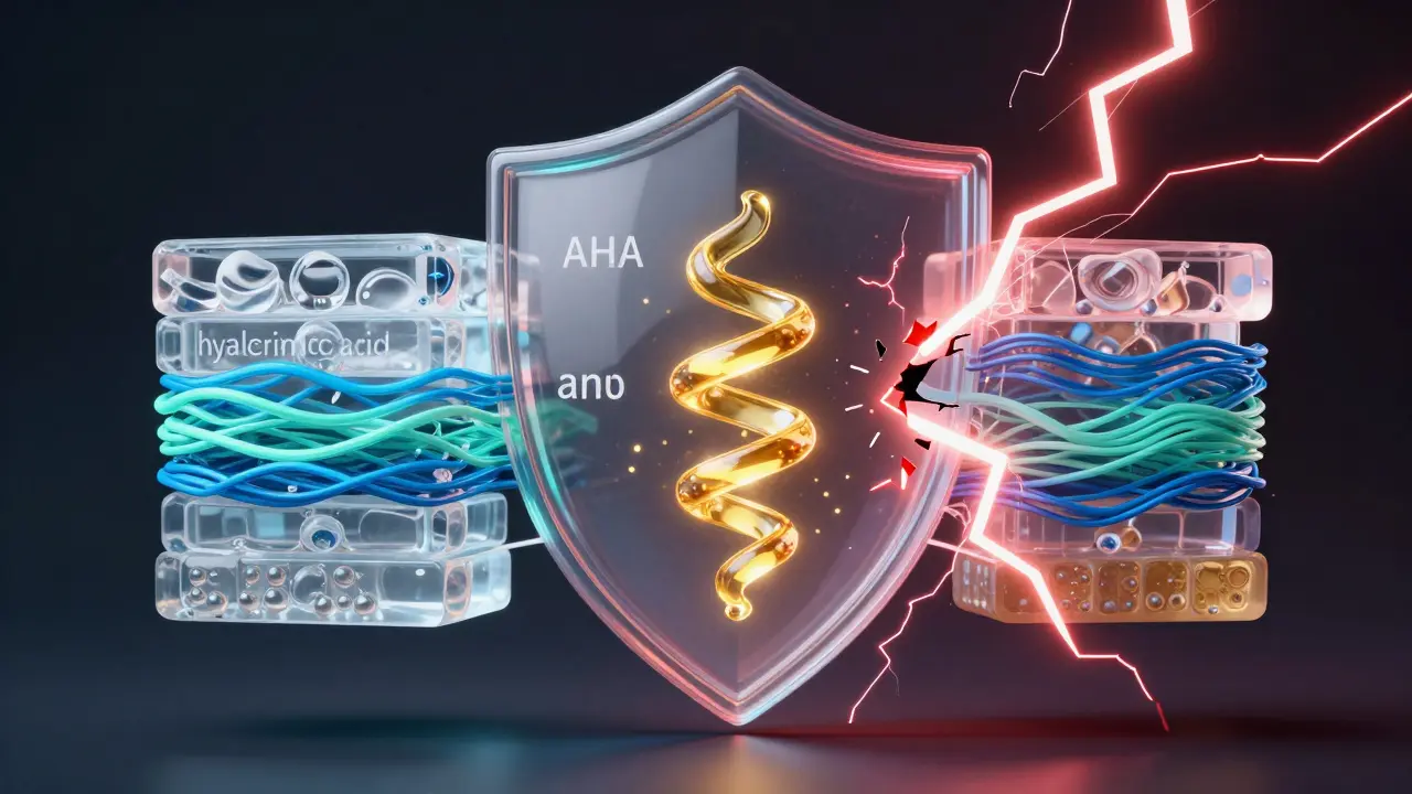 Koncepční obrázek kůže s vrstvami sér, které posilují bariéru, zatímco konfliktní látky zničí.