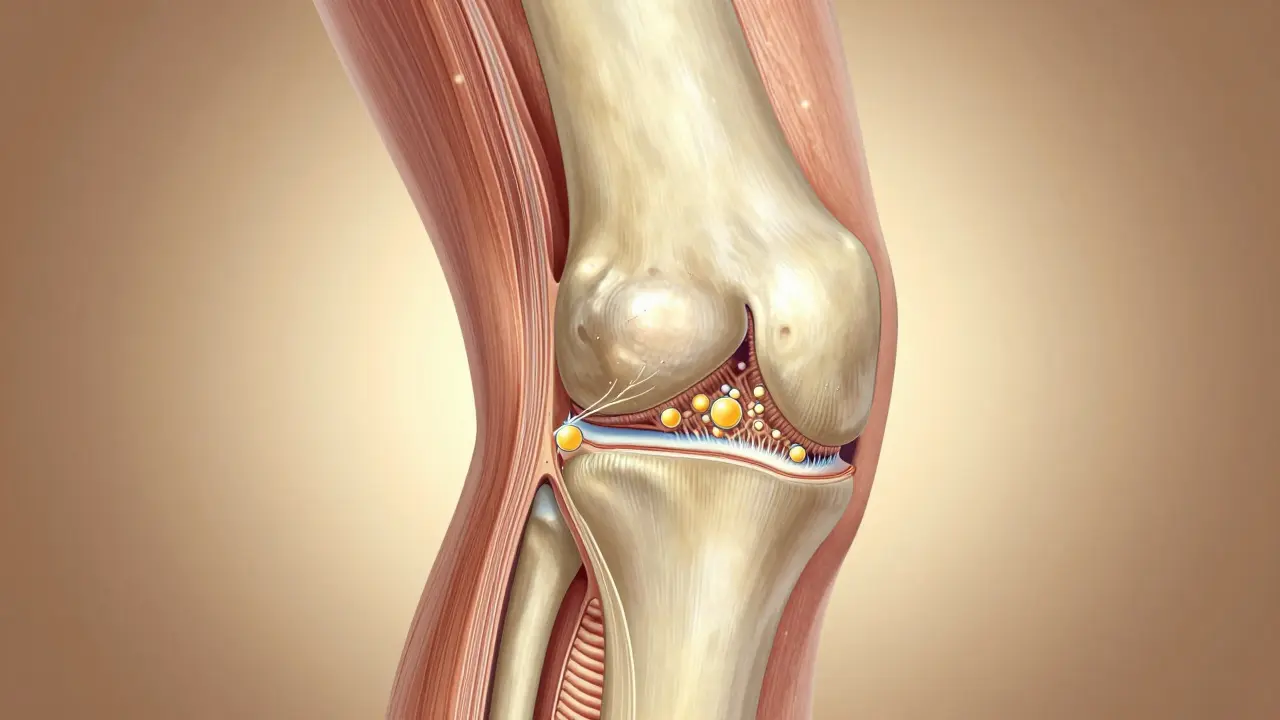 Křížový řez kolenního kloubu s obnovou chrupavky a přidanými látkami jako glukosamin a chondroitin.