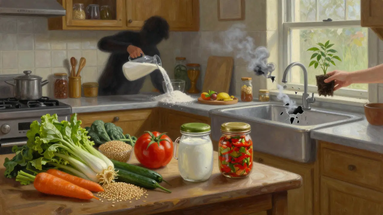 Kuchyně jako metafora střevního mikrobiomu: čerstvé potraviny na jedné straně, průmyslové sladidla a škodlivé látky na druhé.