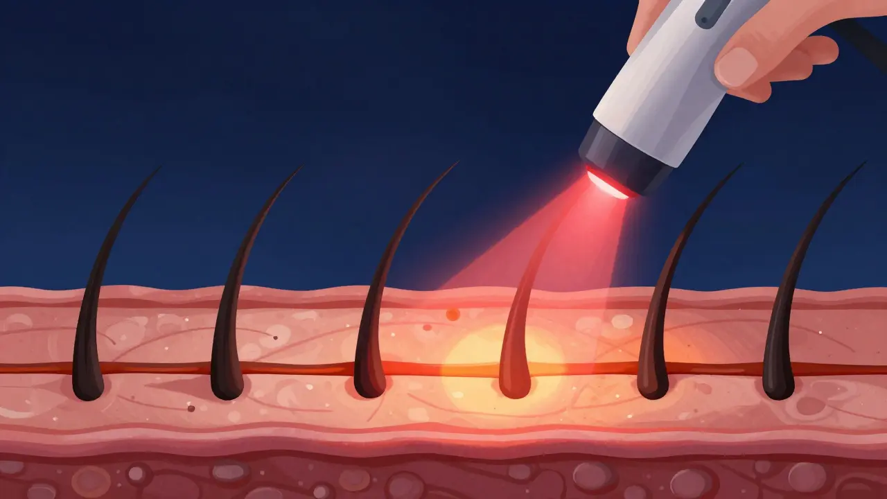 Laserový paprsek ničí pigment v vlasovém folikulu.