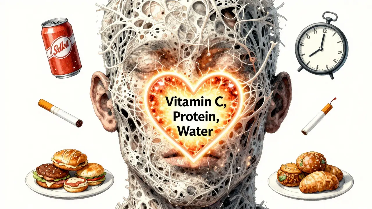 Lidská tvář složená z poškozených kolagenových vláken s ikonami špatných ná习惯.