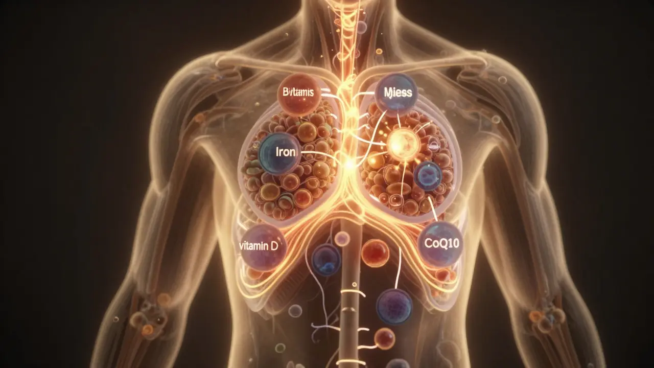 Lidské tělo s proudy živin osvětlujícími buňky energií.