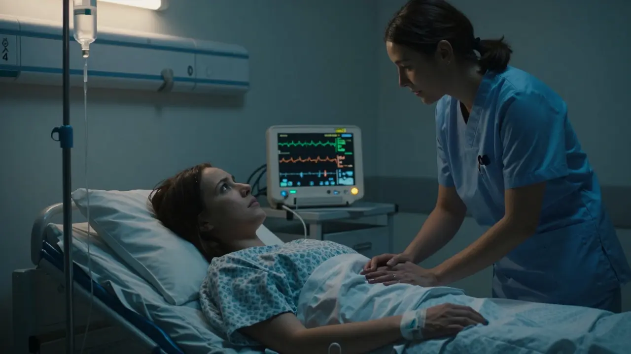 Pacient s třesem v nemocniční lůžce s infuzí a sestrou, která mu jemně drží ruku.