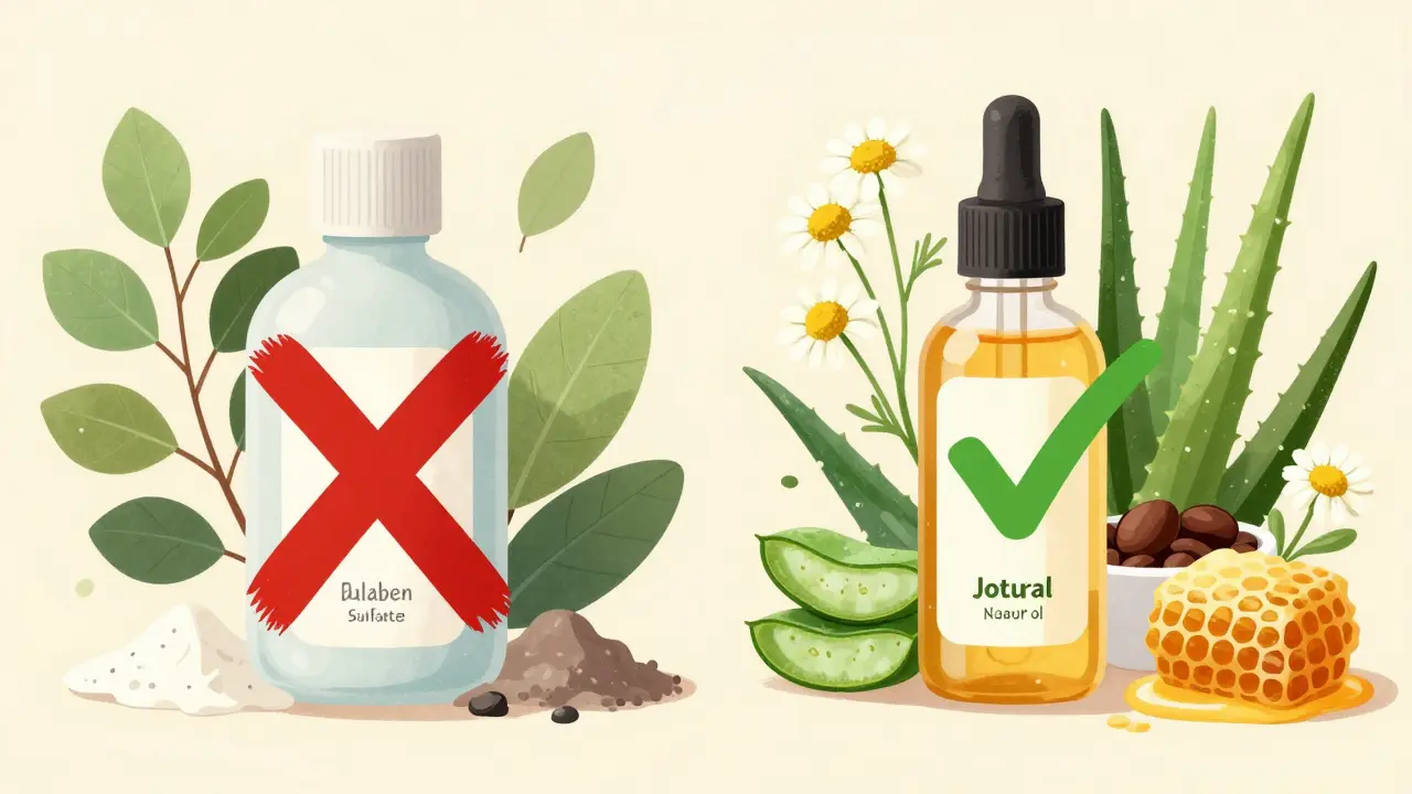 Porovnání chemické a přírodní kosmetiky s označenými složkami.