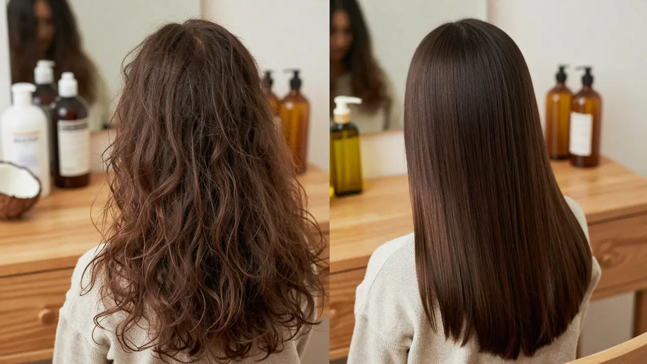 Porovnání nezdravých a zdravých vlasů po olejování.