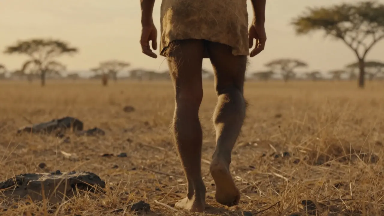 Prehistorický člověk v přírodním prostředí s chloupy na zadech