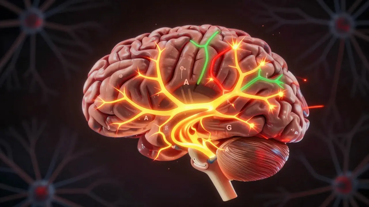 Průřez mozku s přebytečnou nervovou aktivitou a narušenou rovnováhou neurotransmiterů.