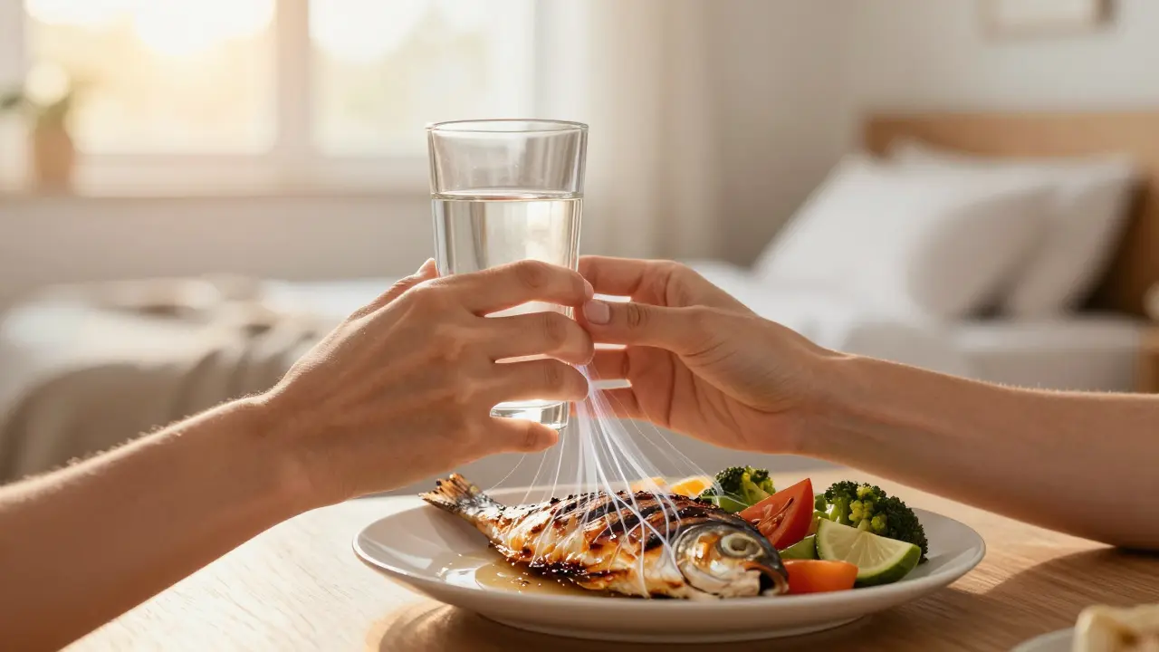 Ruce drží sklenici vody a talíř s rybou a zeleninou, s přehledem obnovy kolagenu pod kůží.