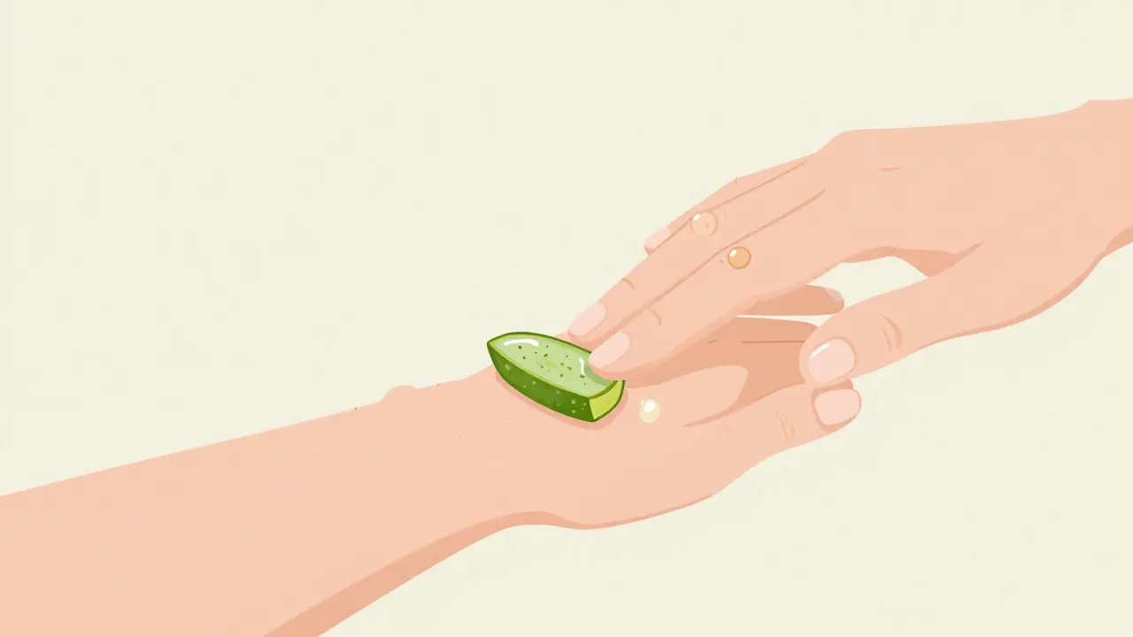 Ruka aplikující aloe verou na citlivou oblast po depilaci