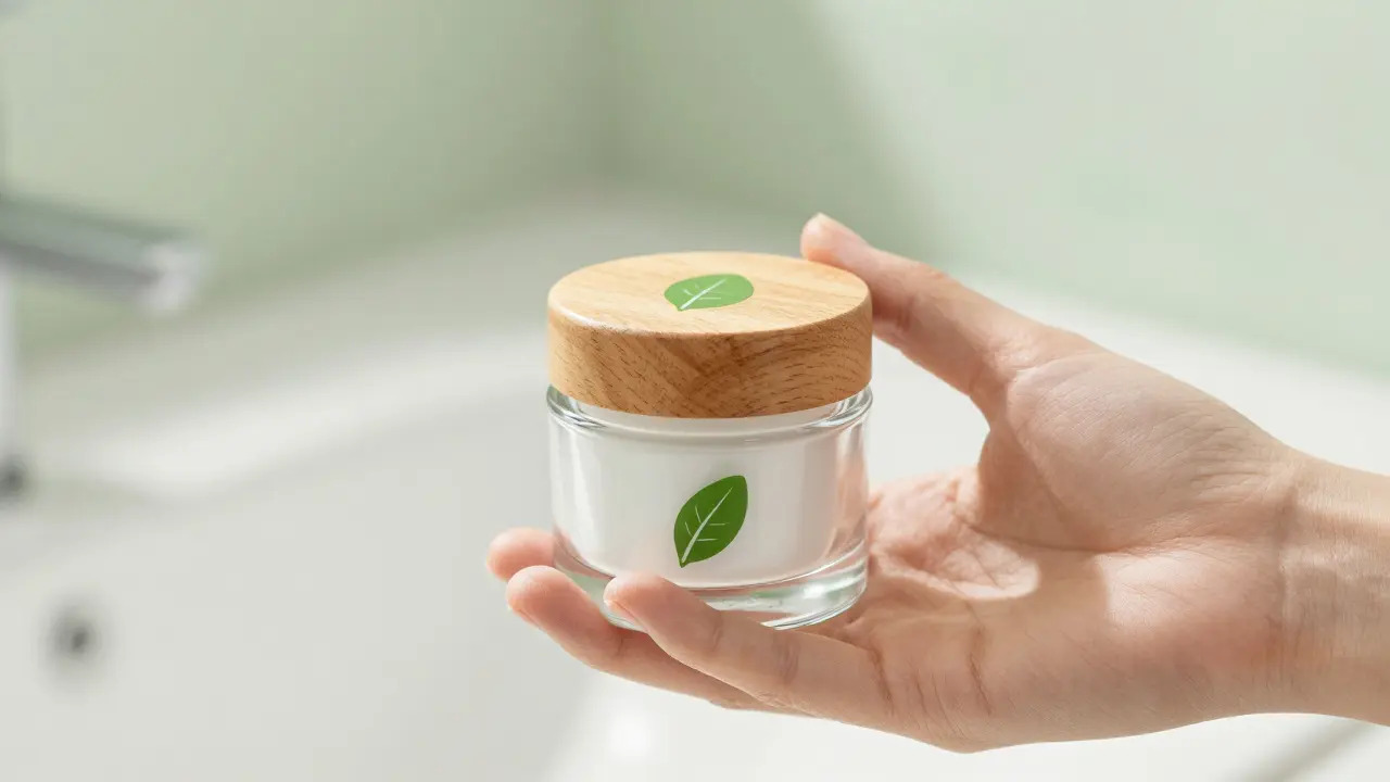 Ruka drží přírodní kosmetický produkt s listovým symbolem.