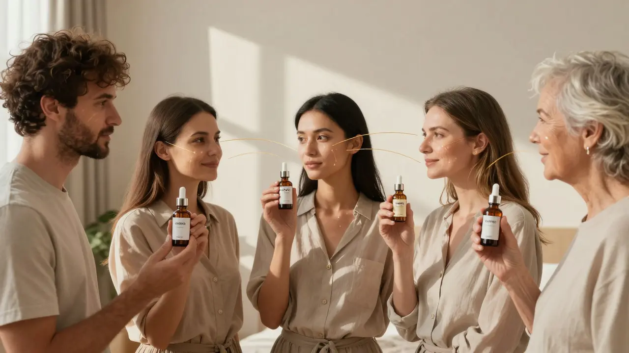 Různí lidé drží séra pro své typy pleti, jejich kůže září zdravím.