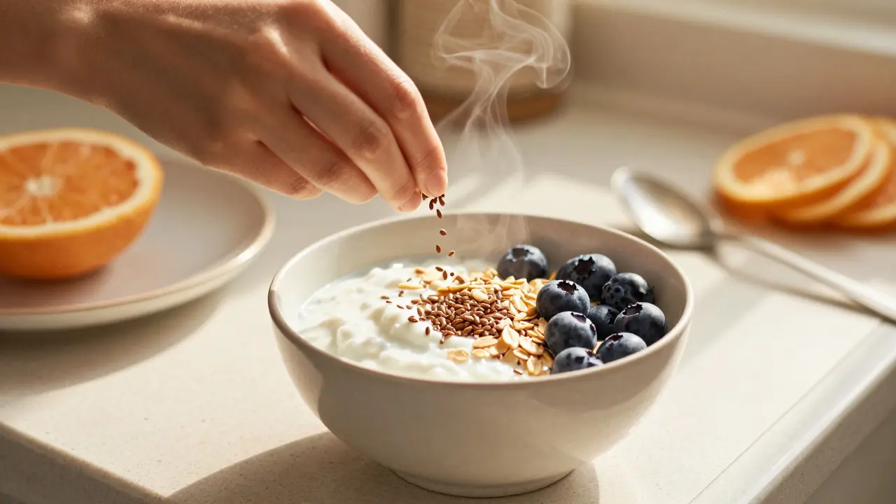 Snídaně s kefirem, ovesnou kaší a bobulími v kuchyni