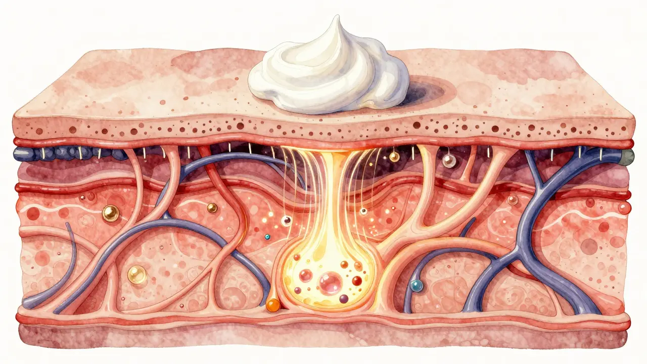 Srovnání pleti: krém na povrchu a sérum pronikající hluboko do kůže jako světelné molekuly.