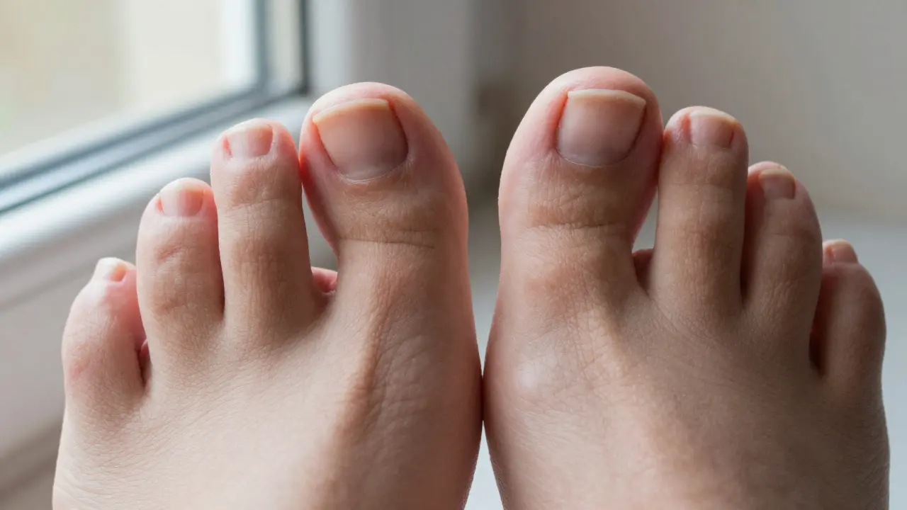 Srovnání zdravého a příliš dlouhého nehtu na noze, jeden přímo orezaný, druhý se zatáčí do kůže.