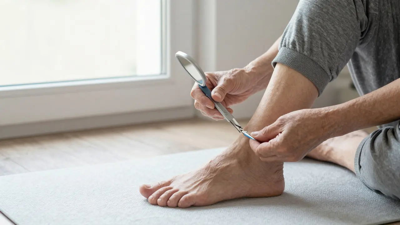 Starší osoba s cukrovkou denně kontroluje nohy, drží sterilní kleště a zrcátko v ruce.