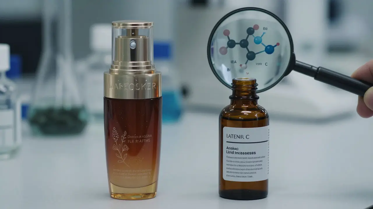 Stranu od strany: luxusní krém vs. jednoduchá láhev s výrazně uvedenými účinnými látkami na etiketě.