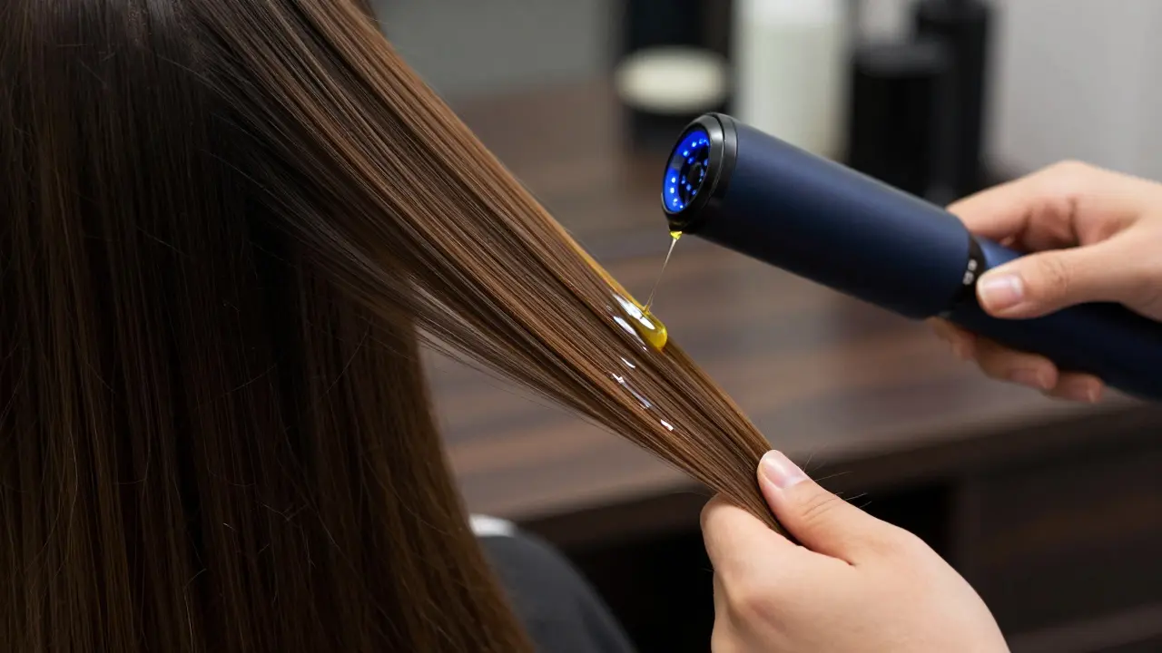 Tepelná úprava vlasů s ochranným sérem, které chrání vlasy před teplem a dodává lesk.