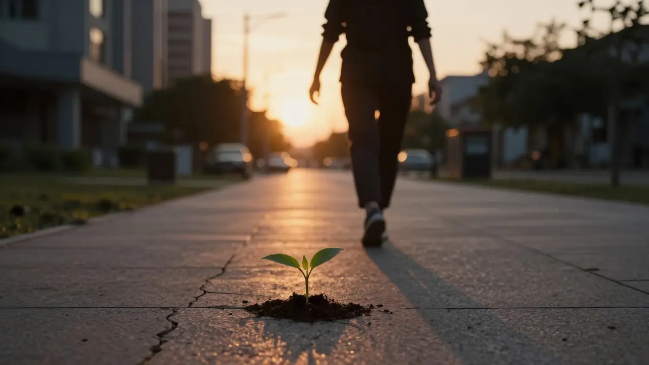 Tma postavy kráčí v záři západu slunce, symbolizující klid a obnovu.