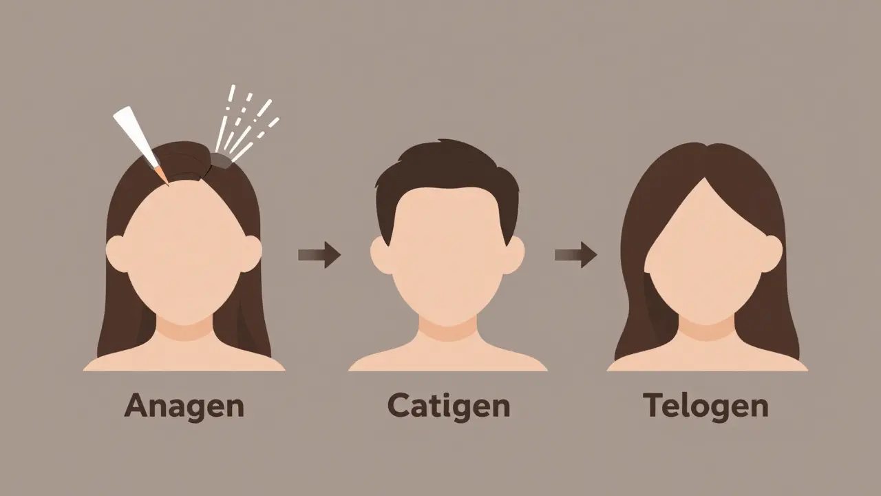 Tři fáze růstu vlasu s laserovým zásahem pouze na aktivní fázi.