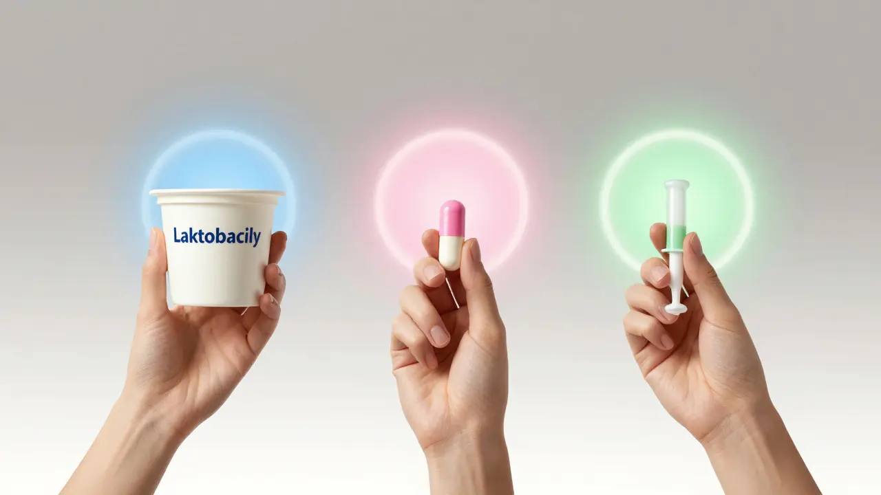 Tři formy laktobacilů: jogurt, tableta a vaginální svíčka s symbolickým světlem pro každou indikaci.
