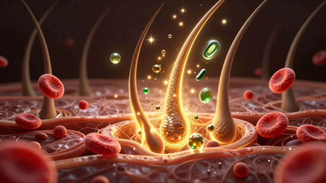 Vlasový folikul aktivován vitamínem D, vitamínem E a zinkem, s proudy živin do kůže hlavy.