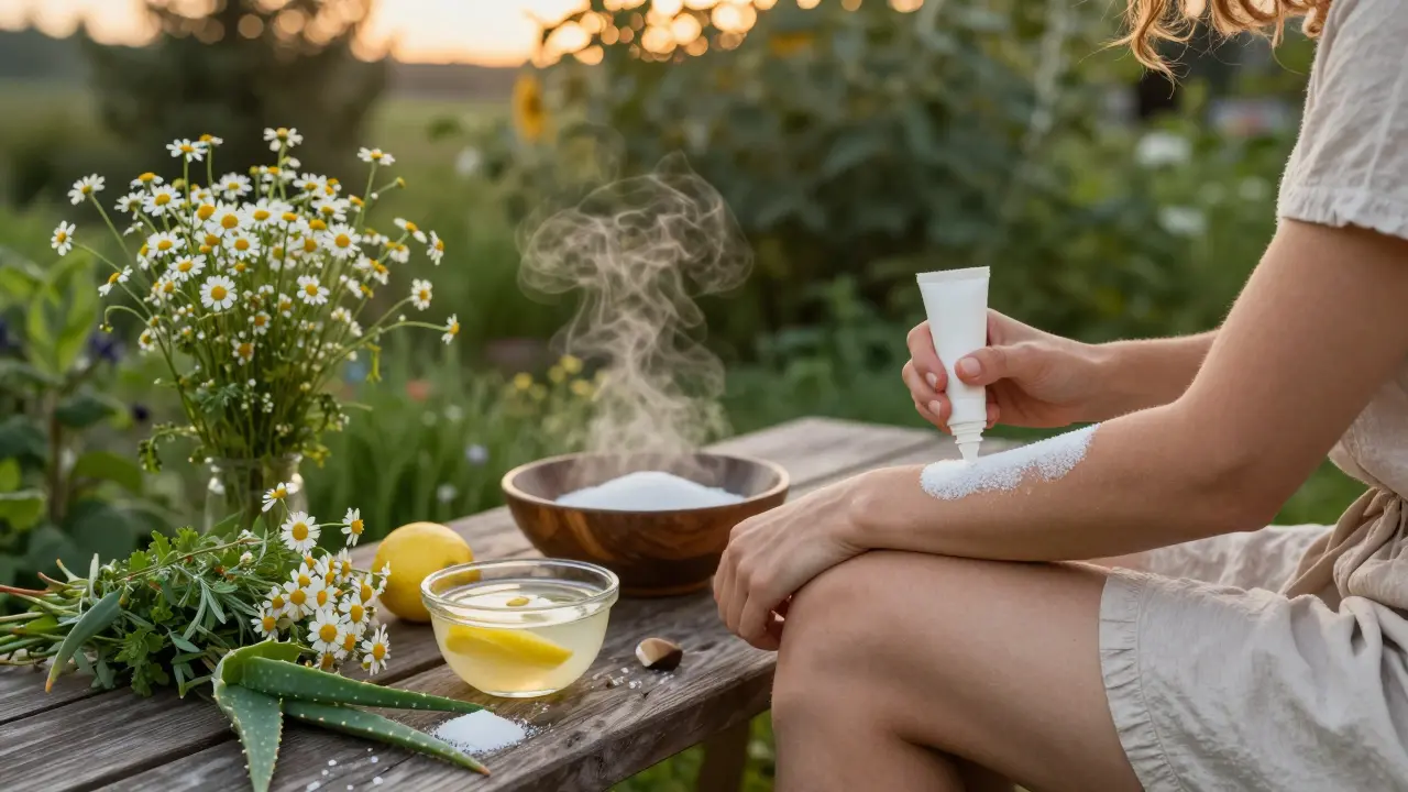 Žena aplikuje domácí cukrovou pastu na ruku v zahradě při západu slunce, kolem ní byliny a teplý odvar.