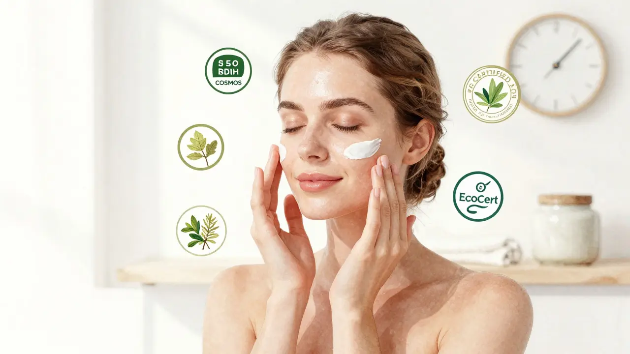 Žena aplikuje přírodní krém s certifikačními logy a bylinami kolem.