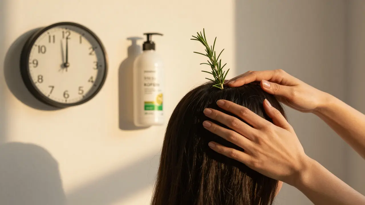 Žena masíruje kůži hlavy rukama při světle rána, vedle ní šampon a rostlina.