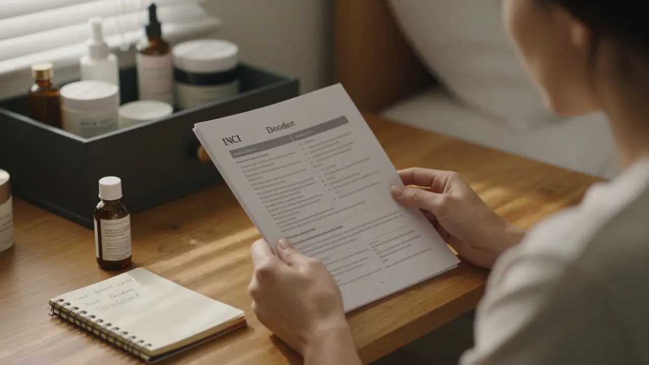 Žena na stole čte seznam složení kosmetiky a zapisuje si bezpečné a nebezpečné látky do poznámek.