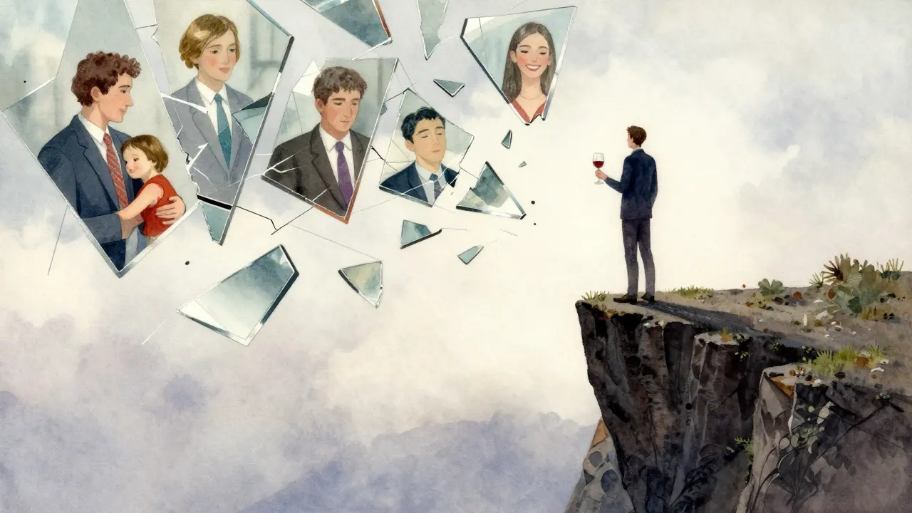 Člověk drží sklenici vína na kraji útesu, za ním rozbité zrcadla odrazující rozpadlý život.