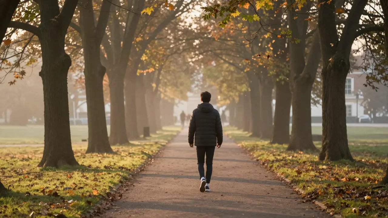 Člověk se prochází v pražském parku při svítání, kolem něj padají listy.