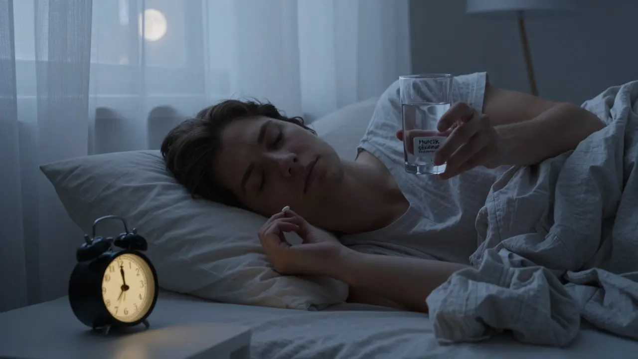 Člověk večer v posteli drží hořčík glycinát před spaním při měsíčním světle.