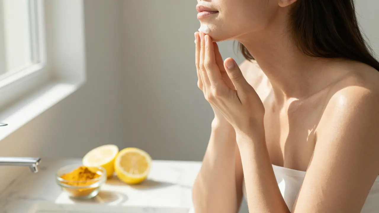 Dívka si nanáší přírodní krém na tvář v jasném světle.